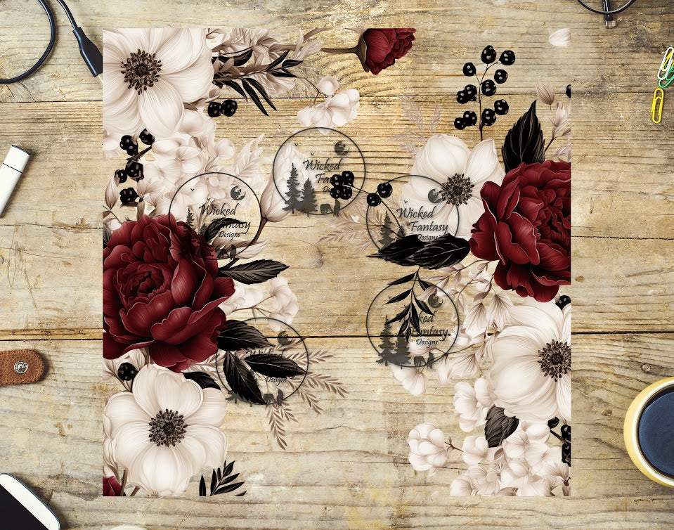 UVDTF Burgundy and Cream Floral 20oz 30oz 10"x10" Element