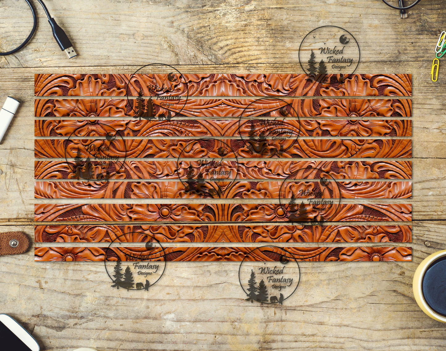 UVDTF Floral Tooled Leather Striping 6x12" tumbler element