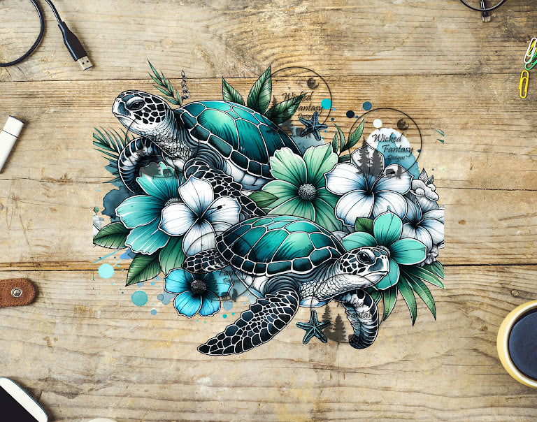 UVDTF Sea Turtles and Teal Flowers