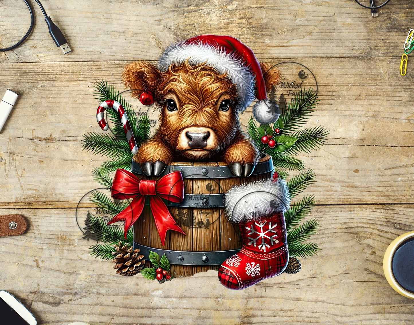 UVDTF Cute Calf in a Barrel with Stocking