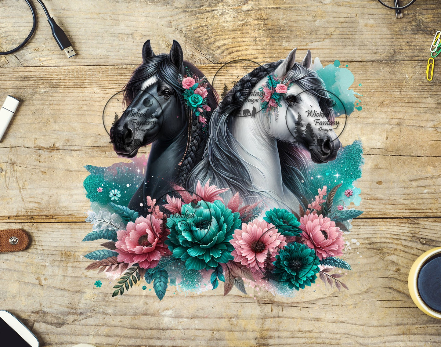 UVDTF Black and Grey Horses with Teal and Pink Flowers