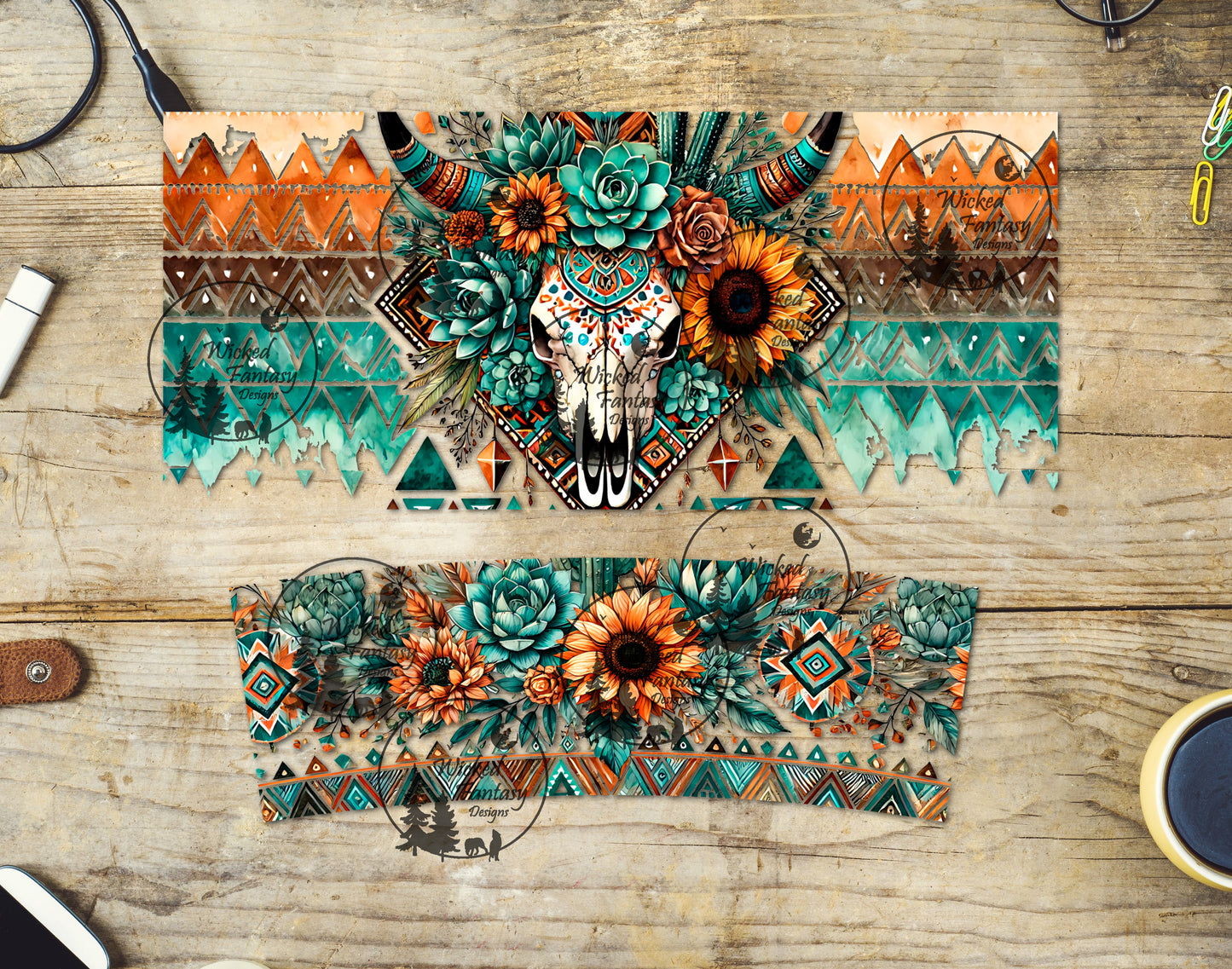 UVDTF Boho Aztec Cow Skull and Sunflowers 16oz 40oz Tumbler Wrap