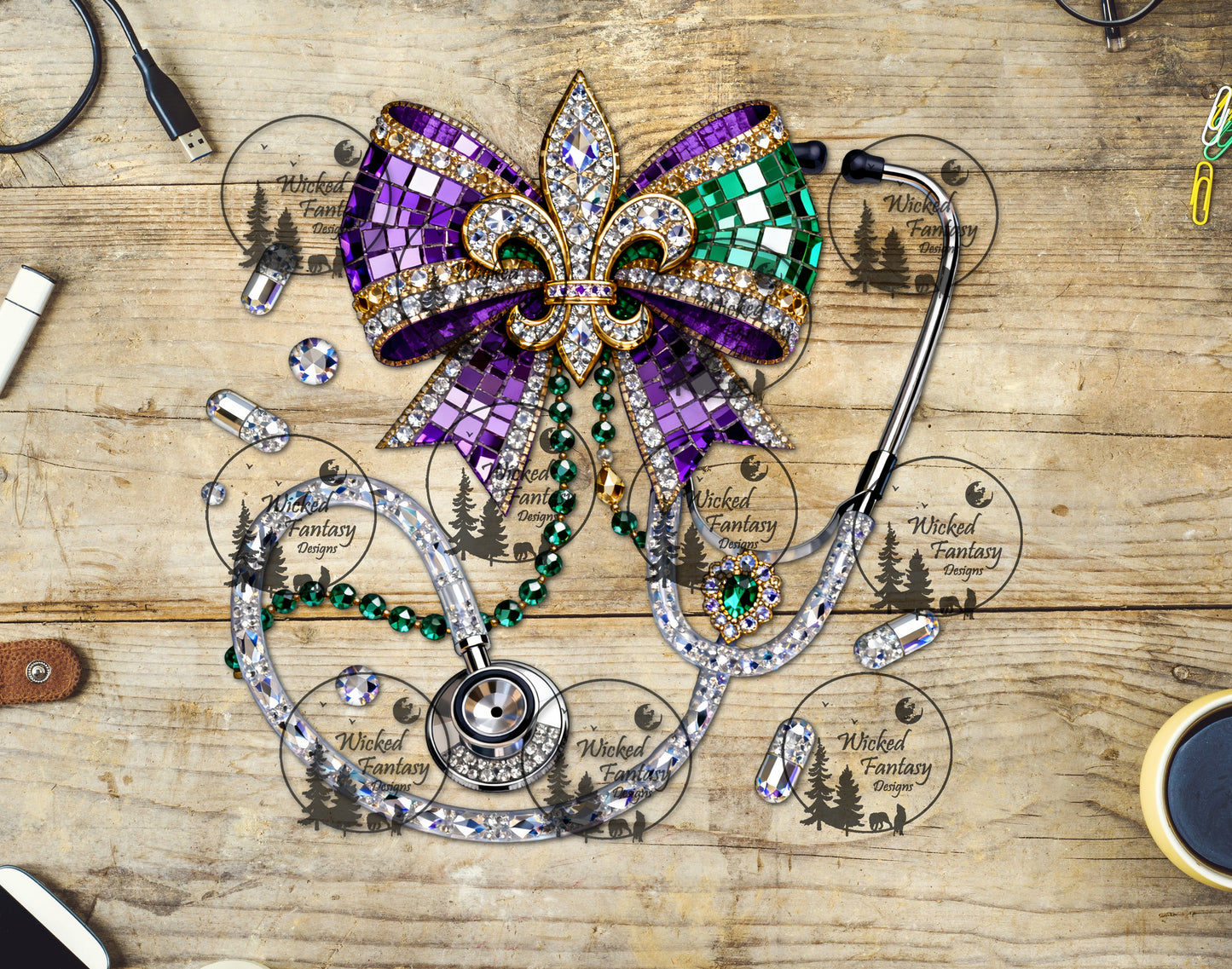 UVDTF Medical Stethoscope with Jeweled Mardi Gras Bow