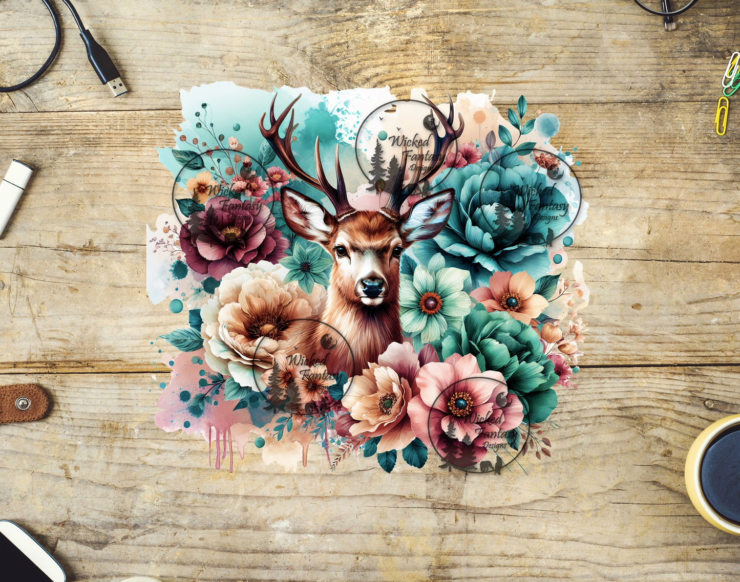 UVDTF Deer with Teal and Mauve Flowers