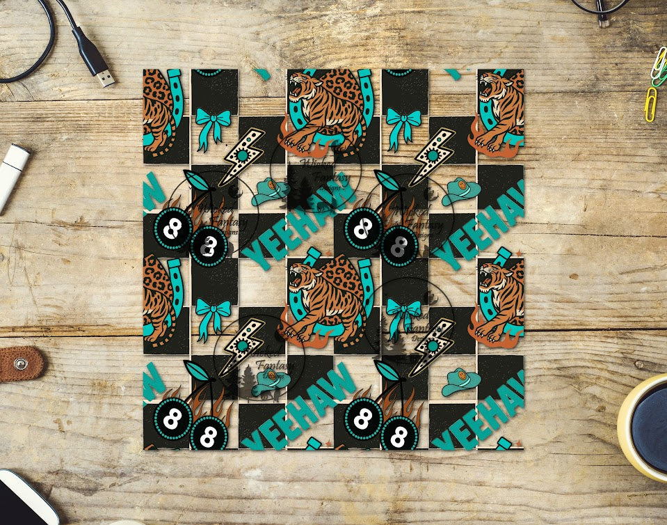 UVDTF Yeehaw Checkerboard and Tigers 20oz 30oz 10"x10" Element