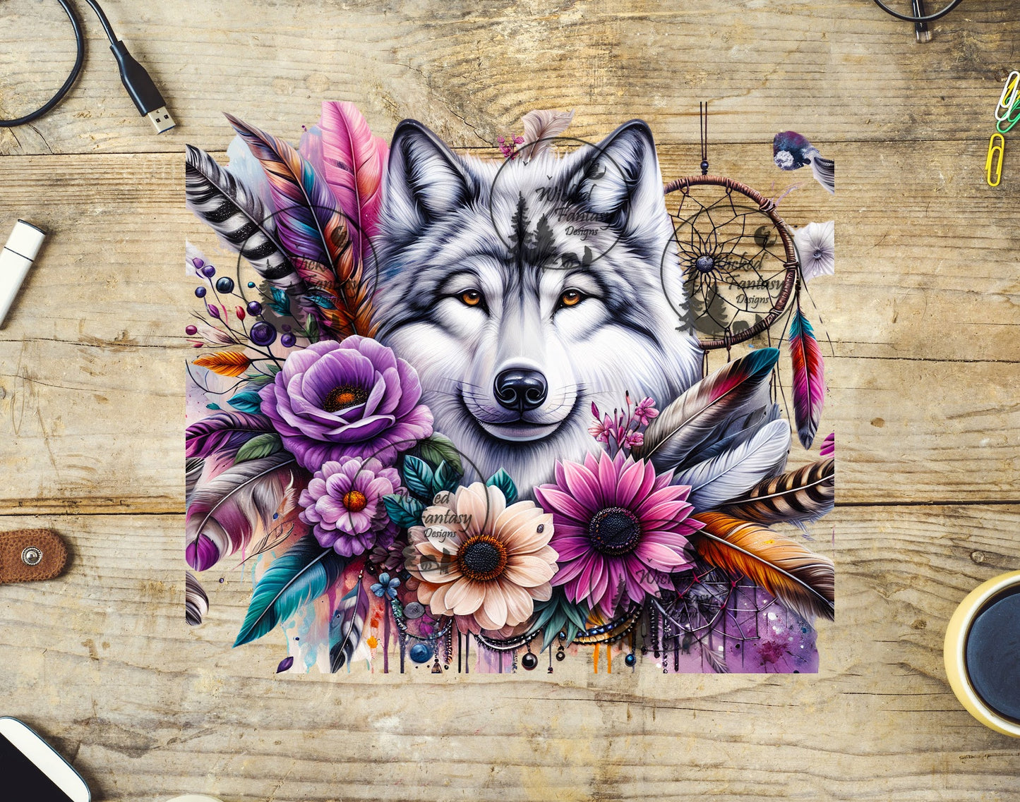 UVDTF Wolf with Pink and Purple Feathers