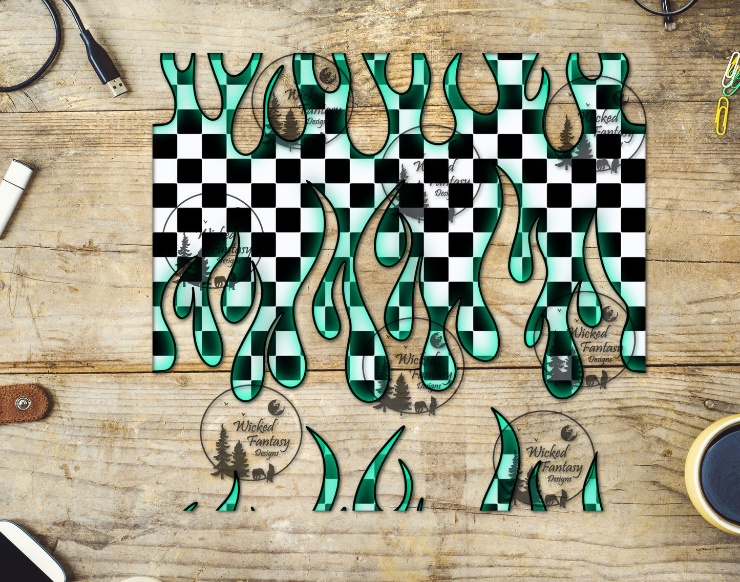 UVDTF Mint Checkered Flames 20oz 30oz 10"x10" Element