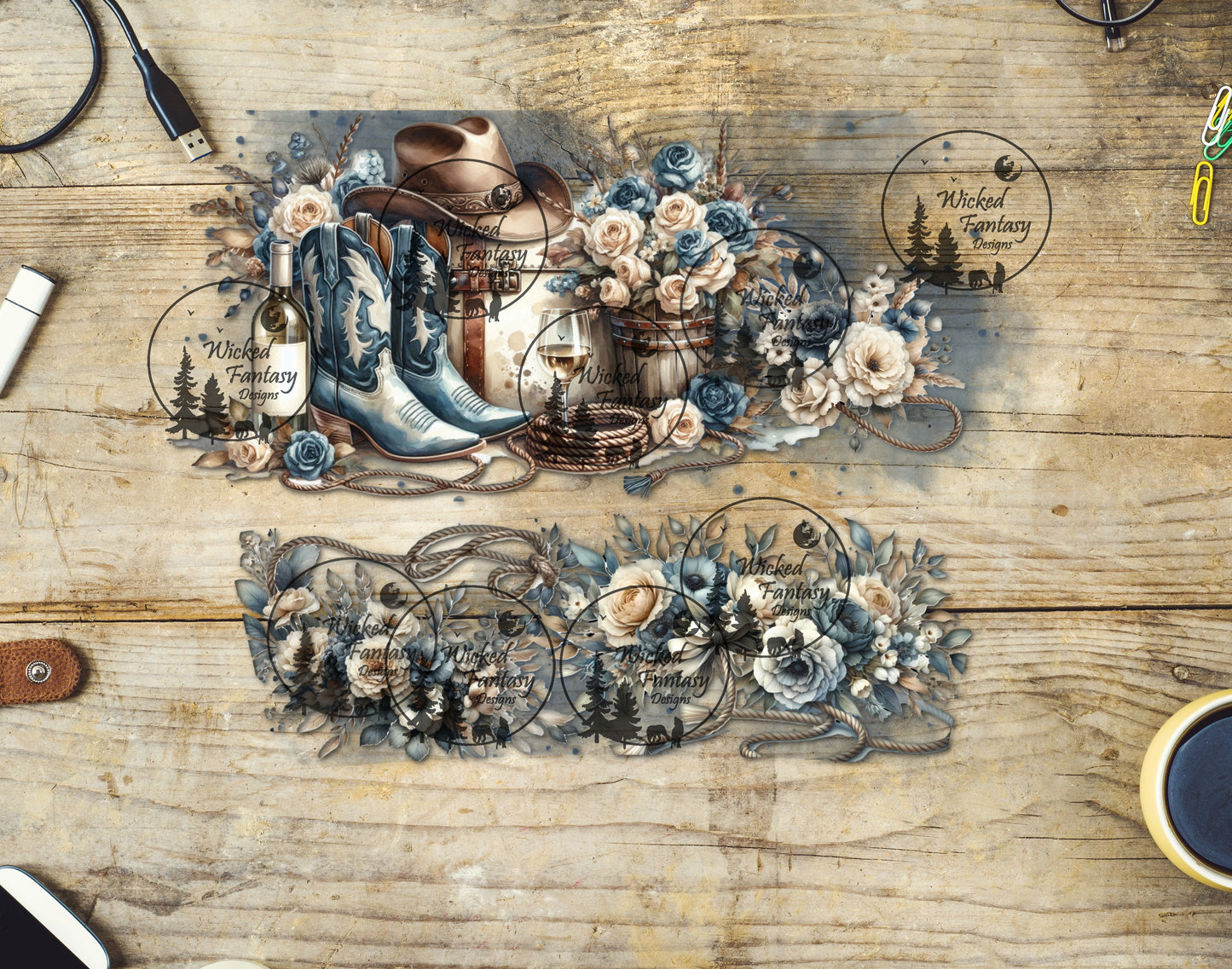 UVDTF Blue and White Cowboy Boots and Floral 16oz 40oz Tumbler Wrap