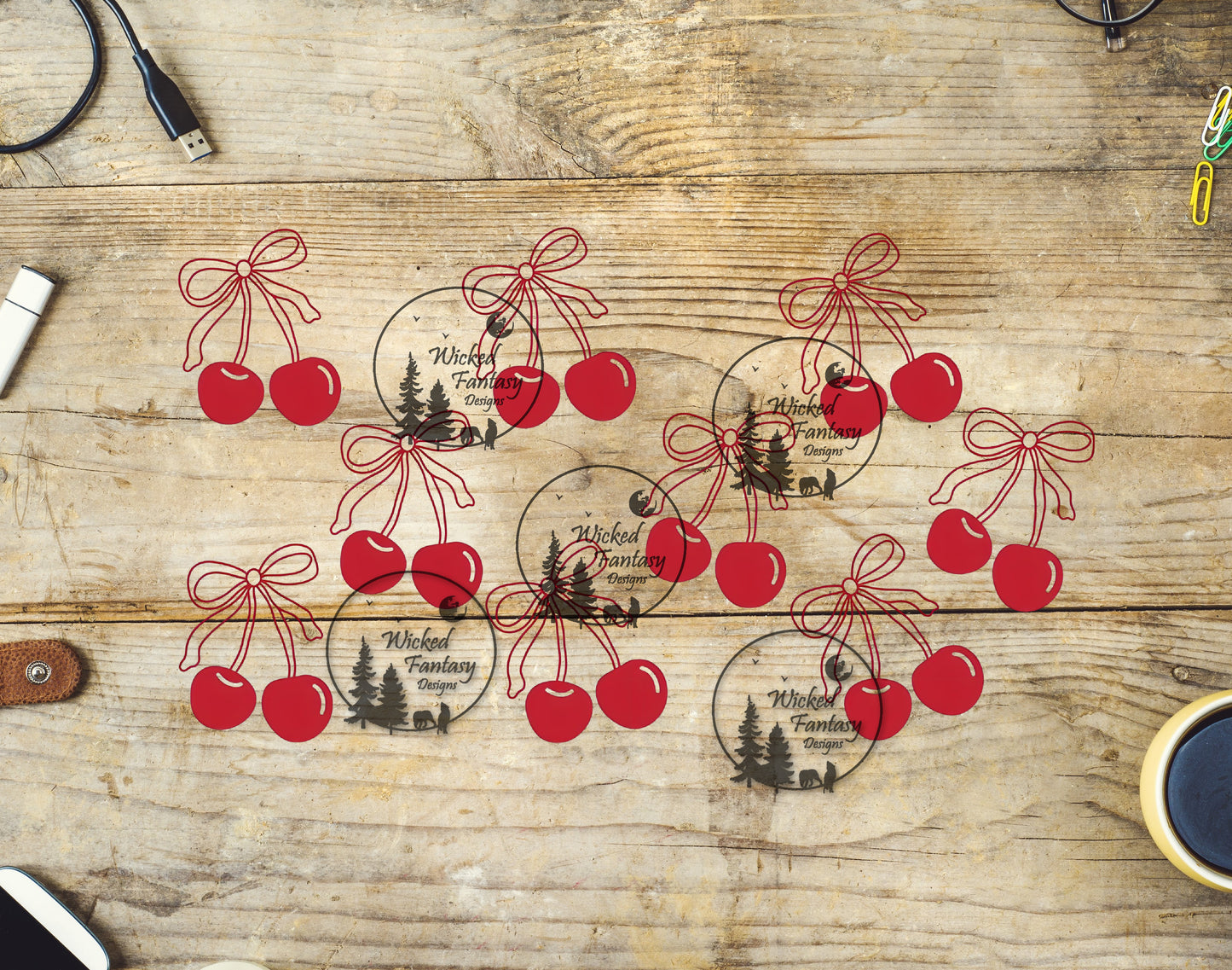 UVDTF Red Cherry Silhouettes 16oz 40oz Tumbler Wrap Element