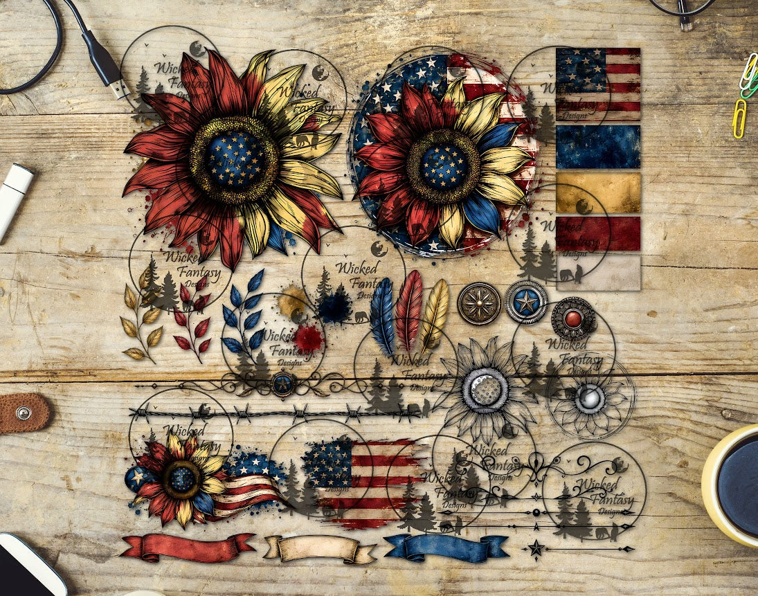 UVDTF Patriotic Sunflower 12x12" Multimedia Element Sheet
