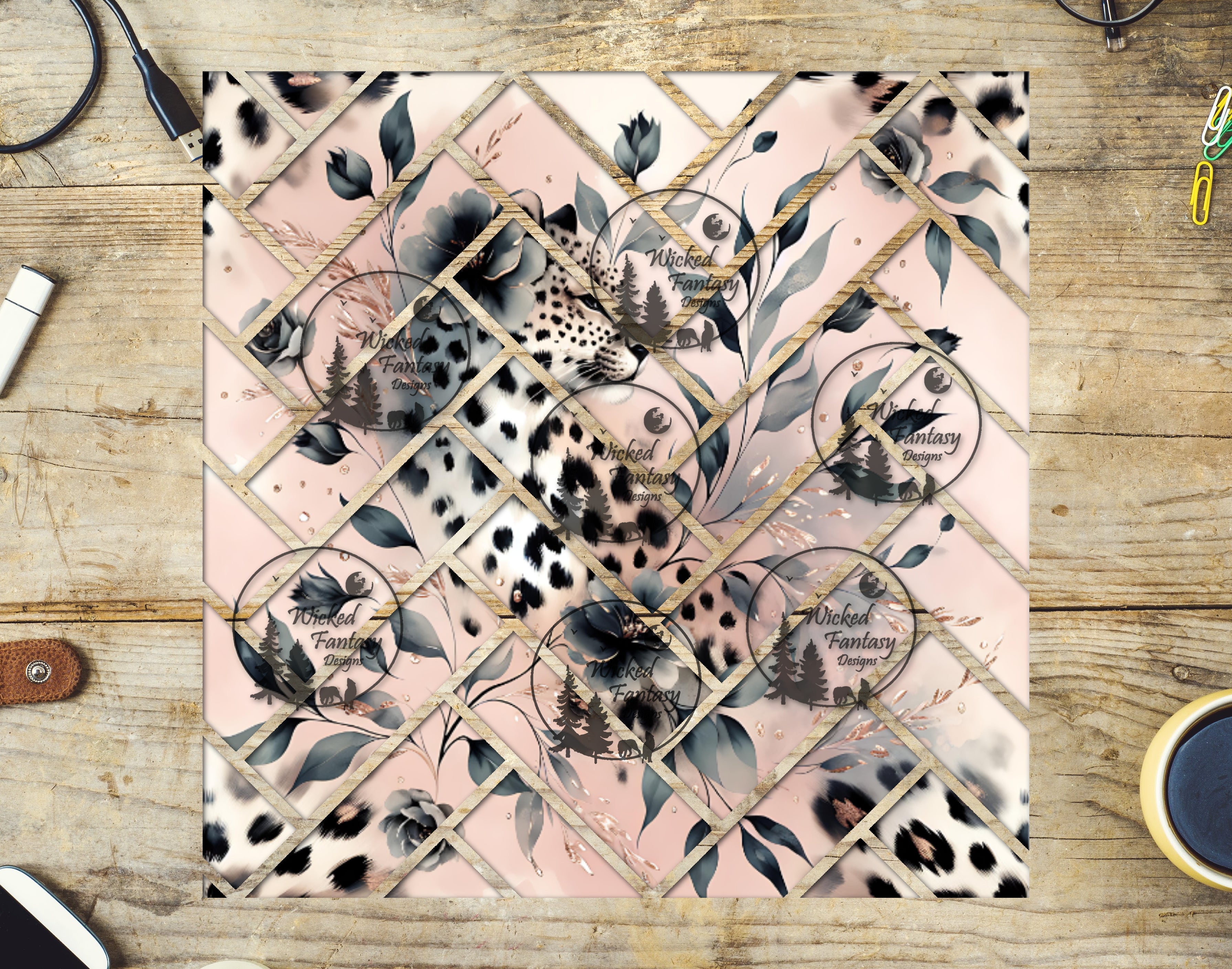 UVDTF Floral Leopard Herringbone 20oz 30oz 10"x10" – Wicked Fantasy Designs
