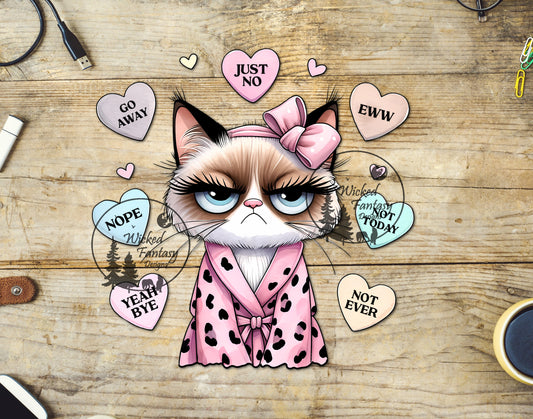 UVDTF Decal Grumpy Morning Siamese Cat Hearts 1pc