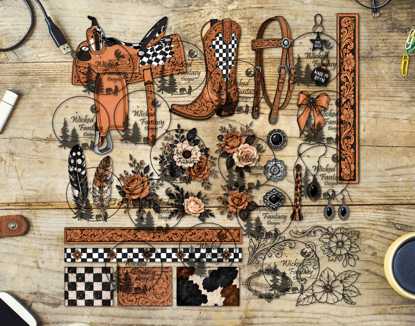 UVDTF Checkered Western Saddle Leather Multimedia Element Sheet