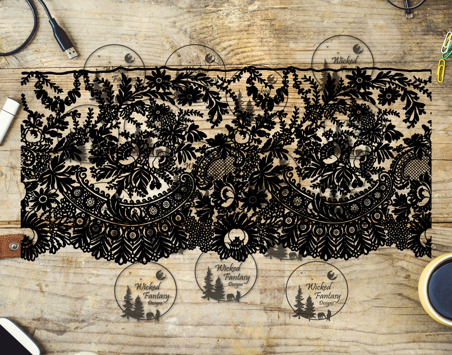 UVDTF Black Floral Lace Swath Border Element 11"