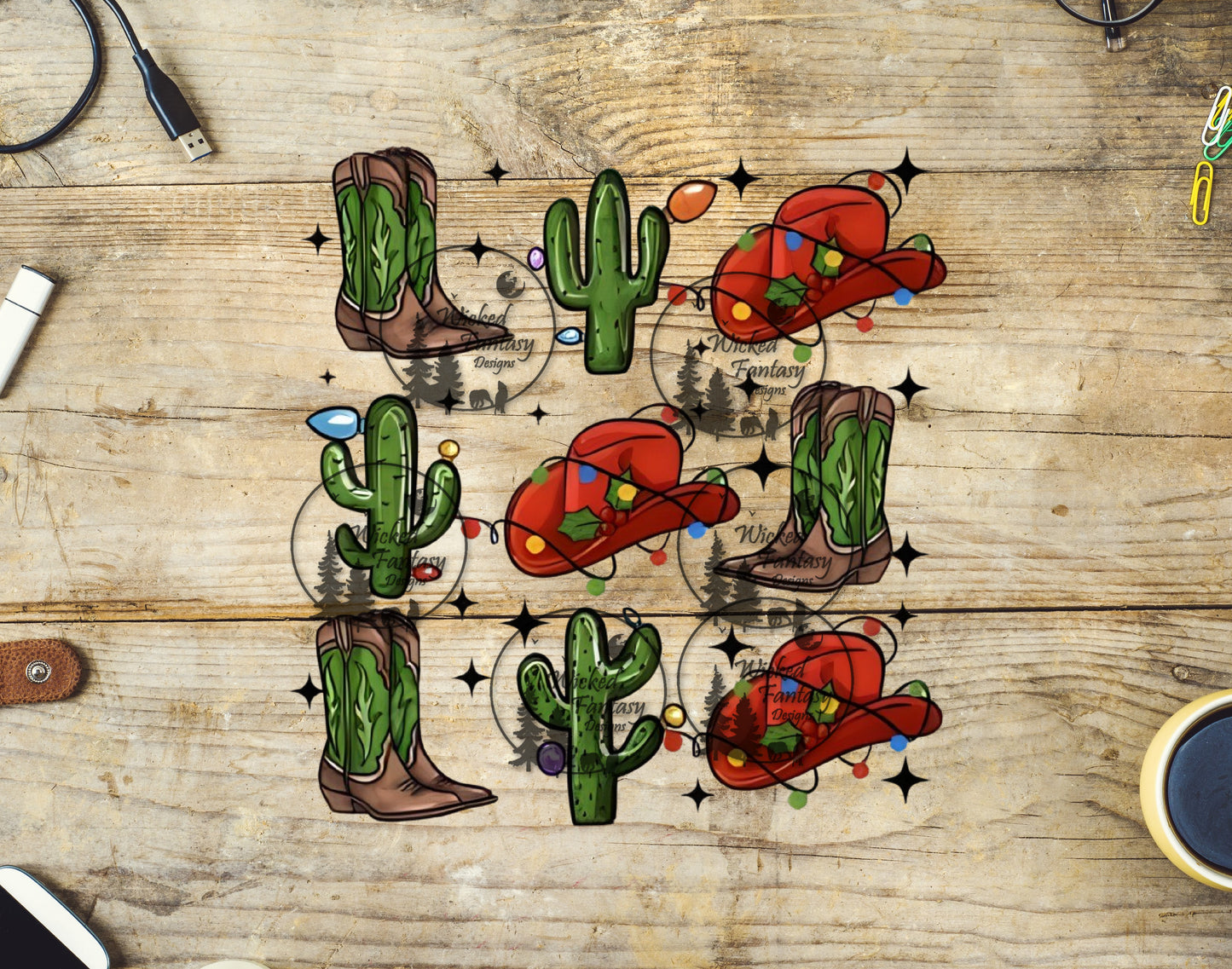 UVDTF Cowboy Boots Cactus and Hats Christmas Elements 6"x7"