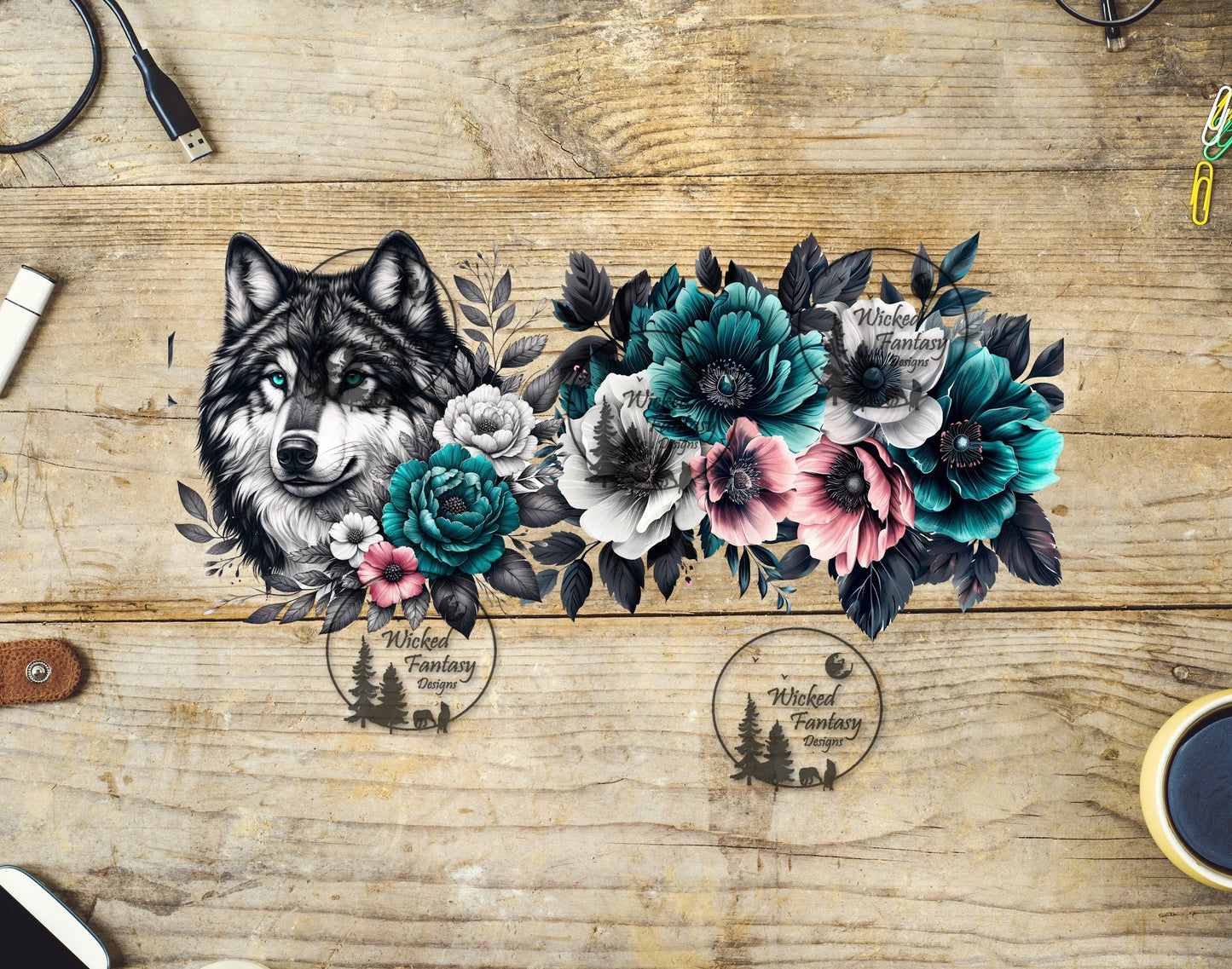 UVDTF Wolf with Teal and Pink Flowers 16oz 40oz Tumbler Wrap Element