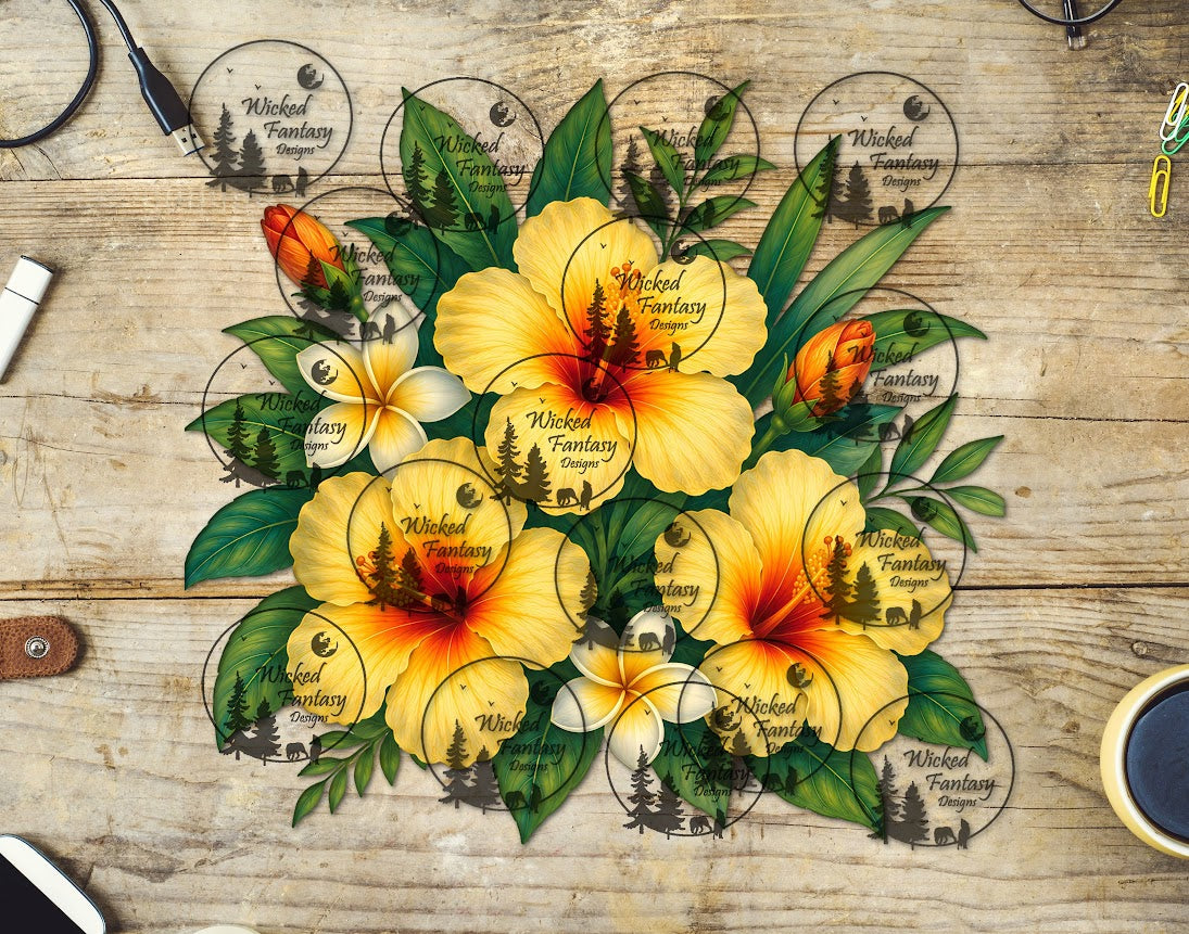 UVDTF Hibiscus and Plumeria Floral Arrangement