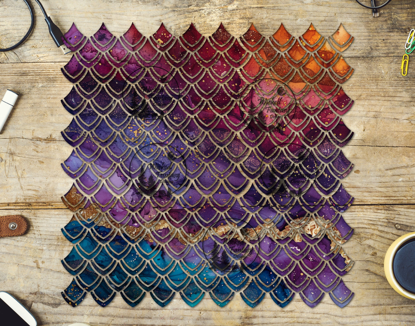 UVDTF Purple Teal Ink Swirls Paint Splatter Dragon Scales 10"x10" Element