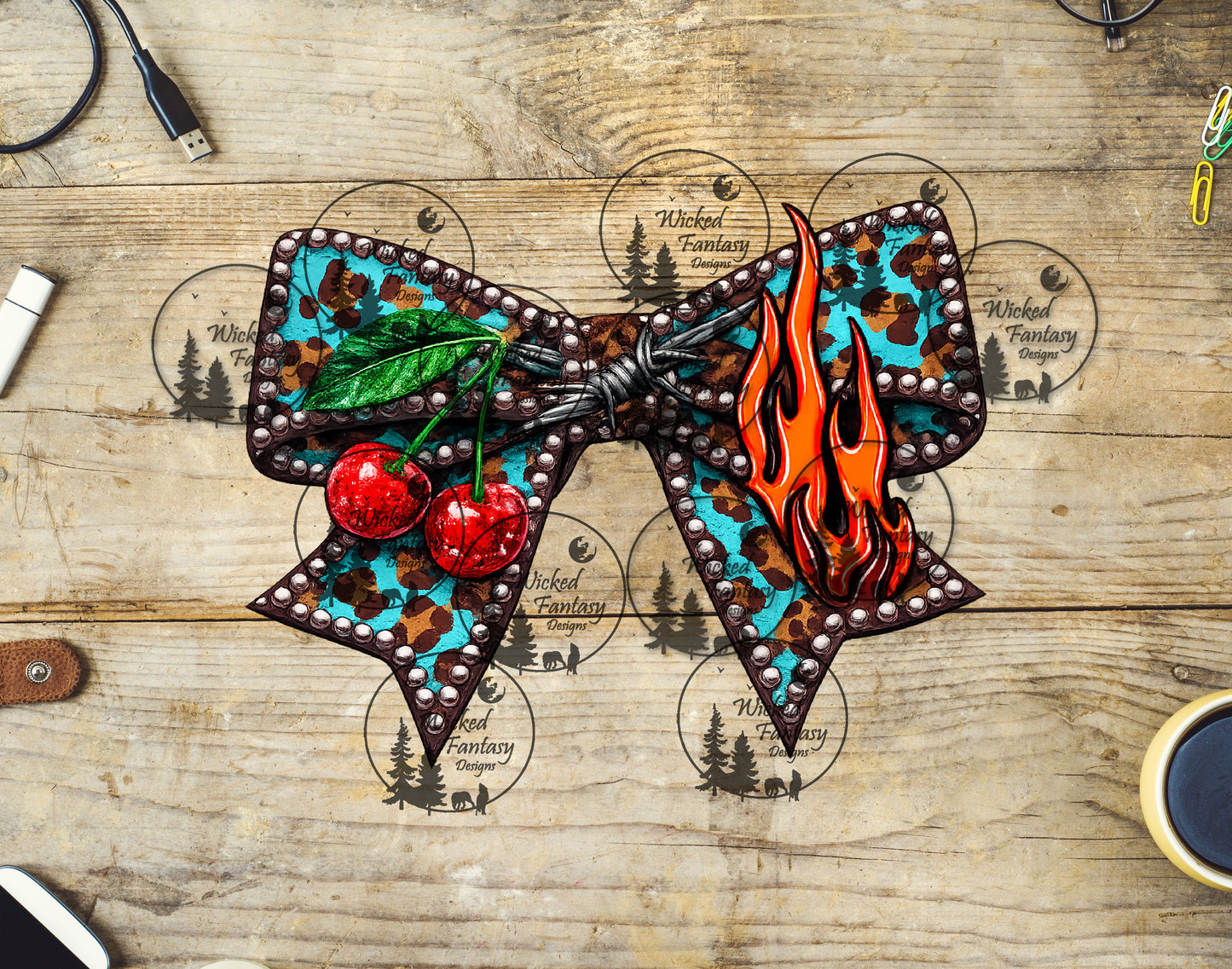 UVDTF Barb Wire Leopard and Cherries Bow