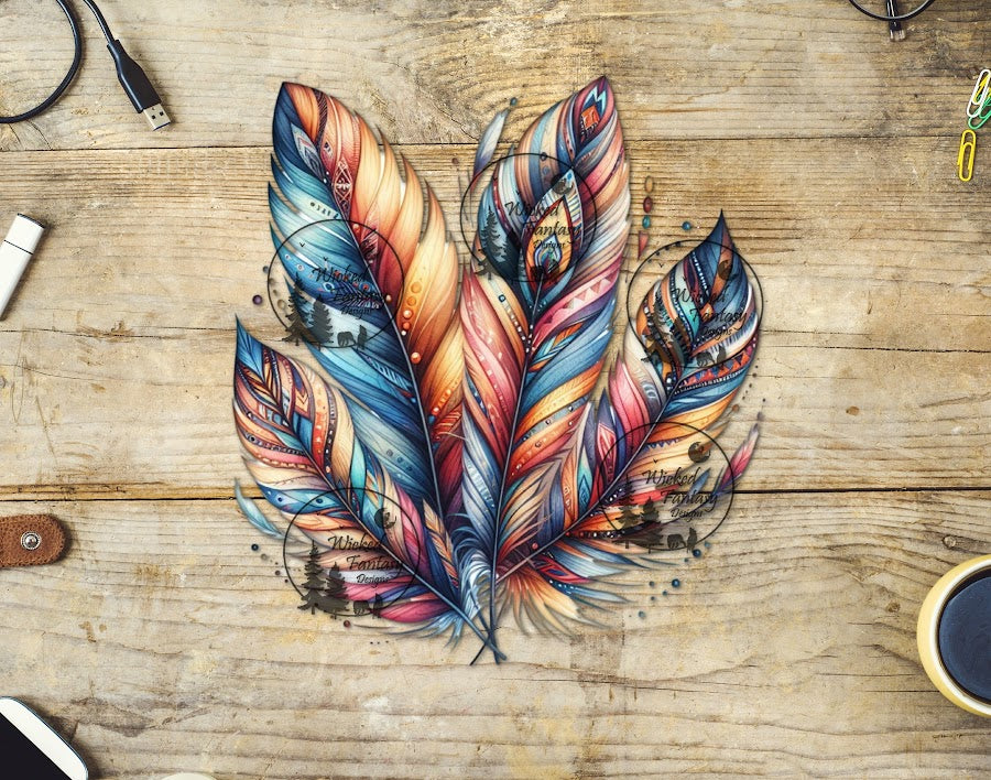 UVDTF Group of Feathers Blue and Orange