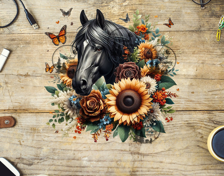 UVDTF Black Horse with Sunflowers and Rust Roses
