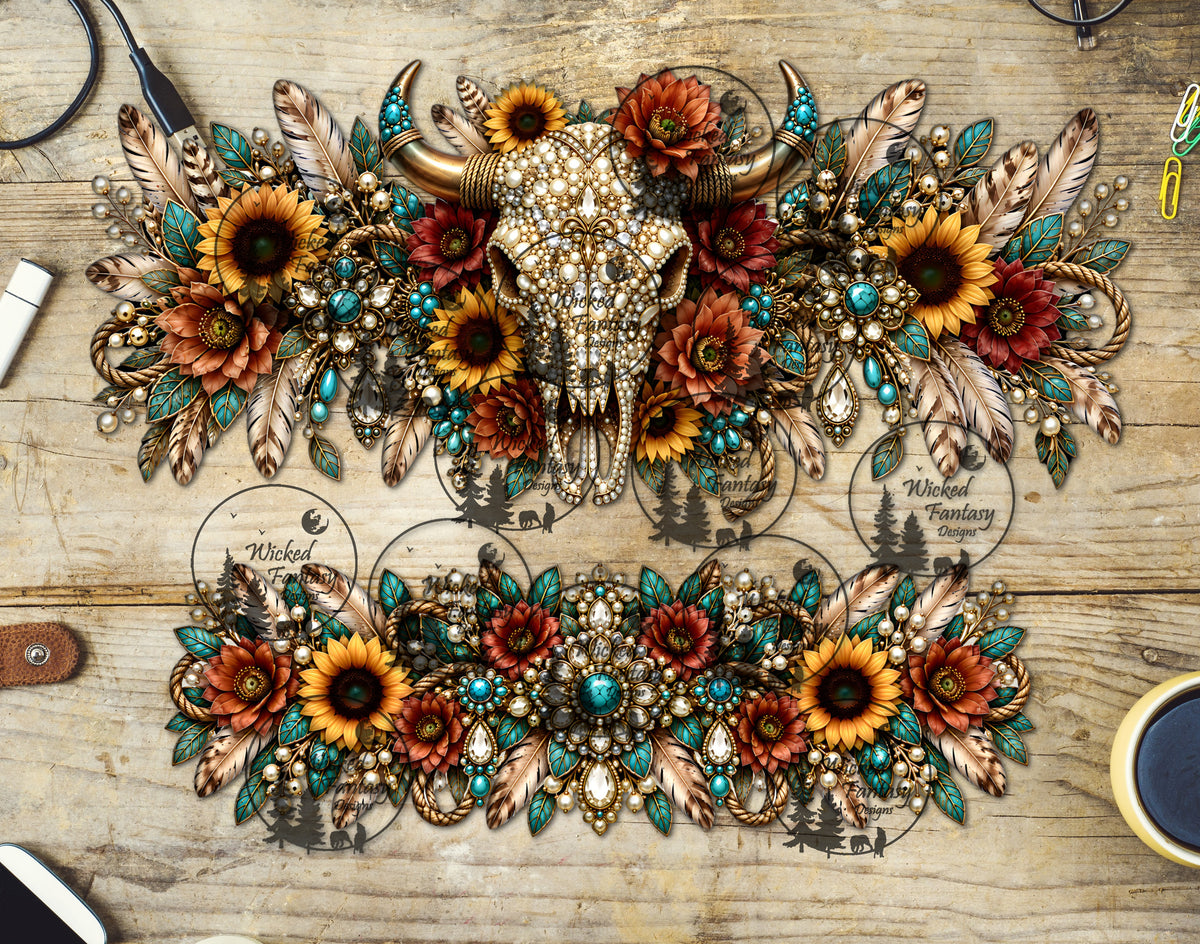 UVDTF Sunflower Rhinestone Cow Skull 40oz 16oz