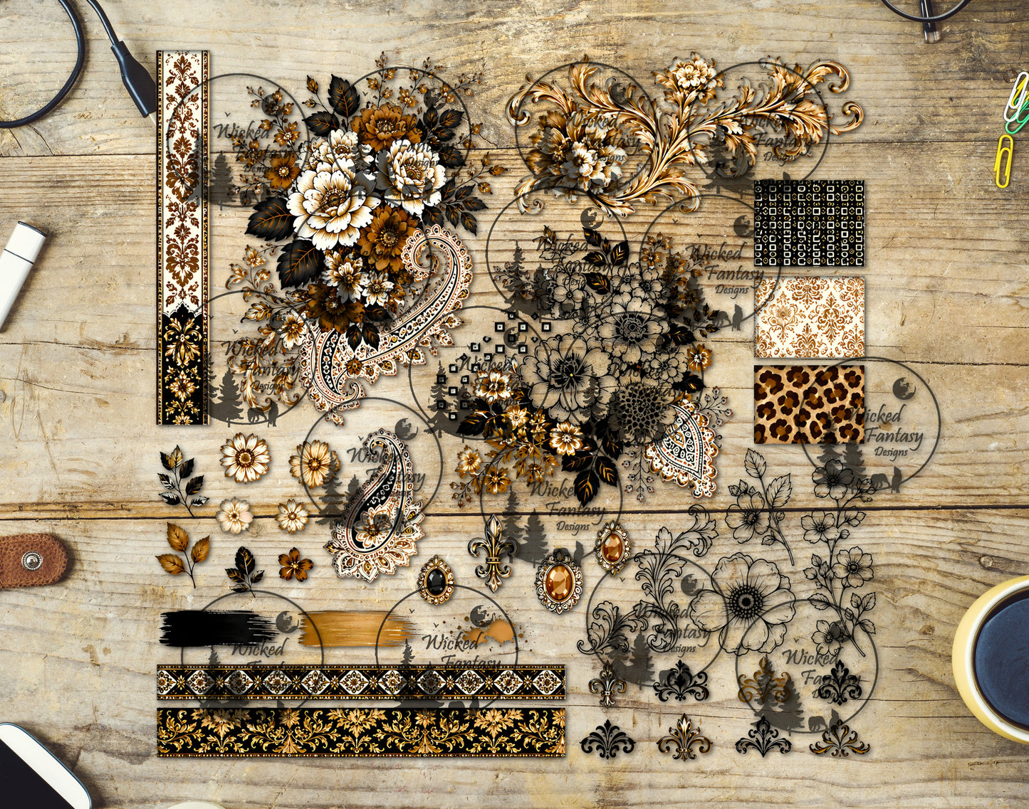 UVDTF Amber Ivory Paisley Floral Multimedia Element Sheet