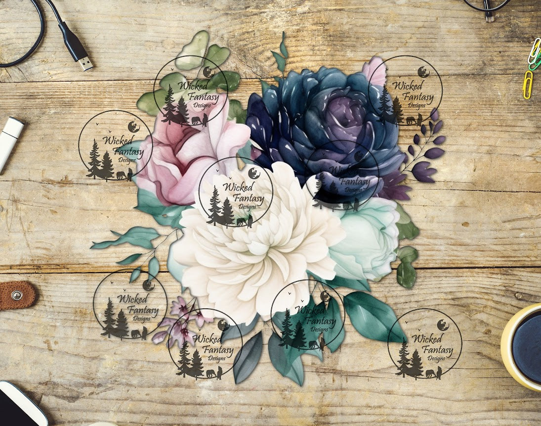 UVDTF White Indigo and Pink Floral Arrangement