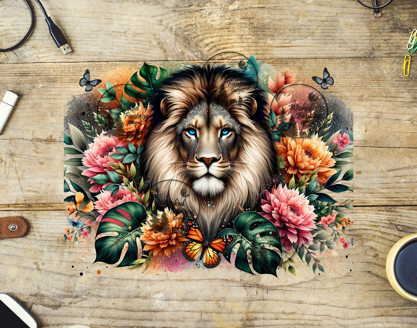 UVDTF Lion with Coral and Orange Flowers