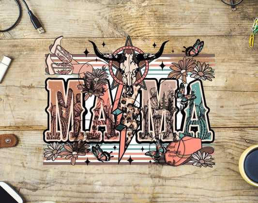 UVDTF Decal Mama Western Style Cow Skull Cowgirl Transparent Background Sticker 1pc