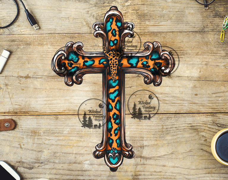 UVDTF Teal Leopard Print Cross