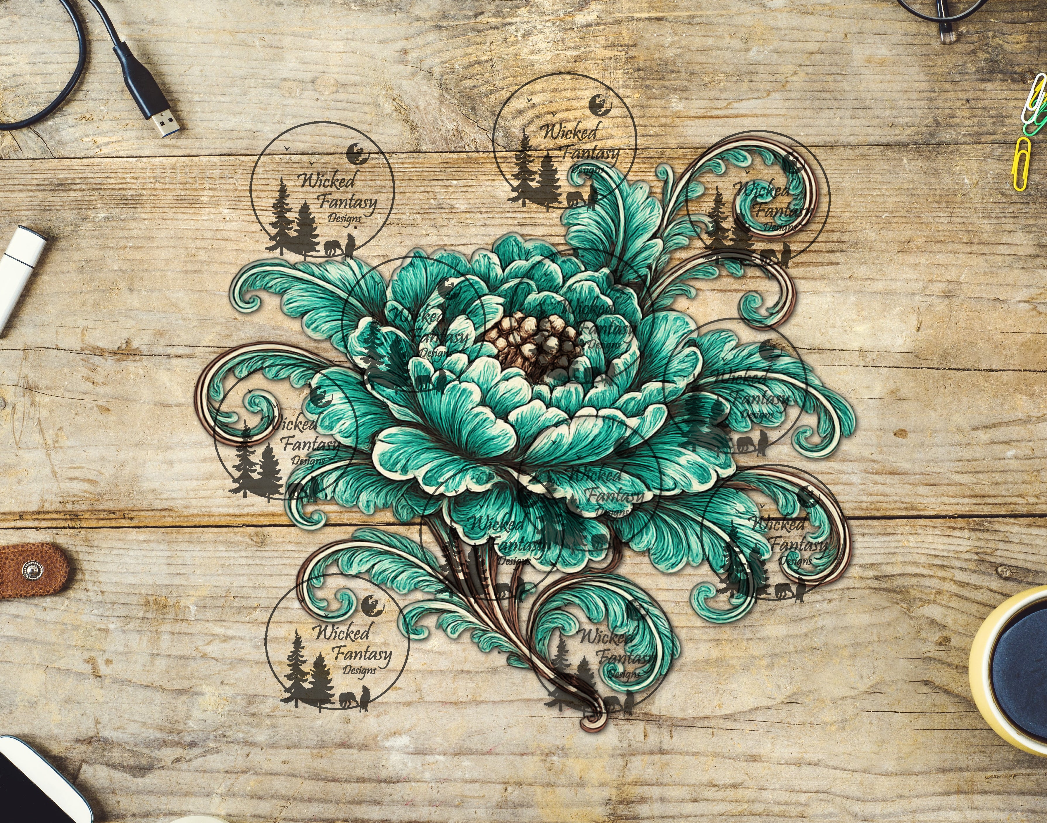 UVDTF Teal Tooled Flower – Wicked Fantasy Designs
