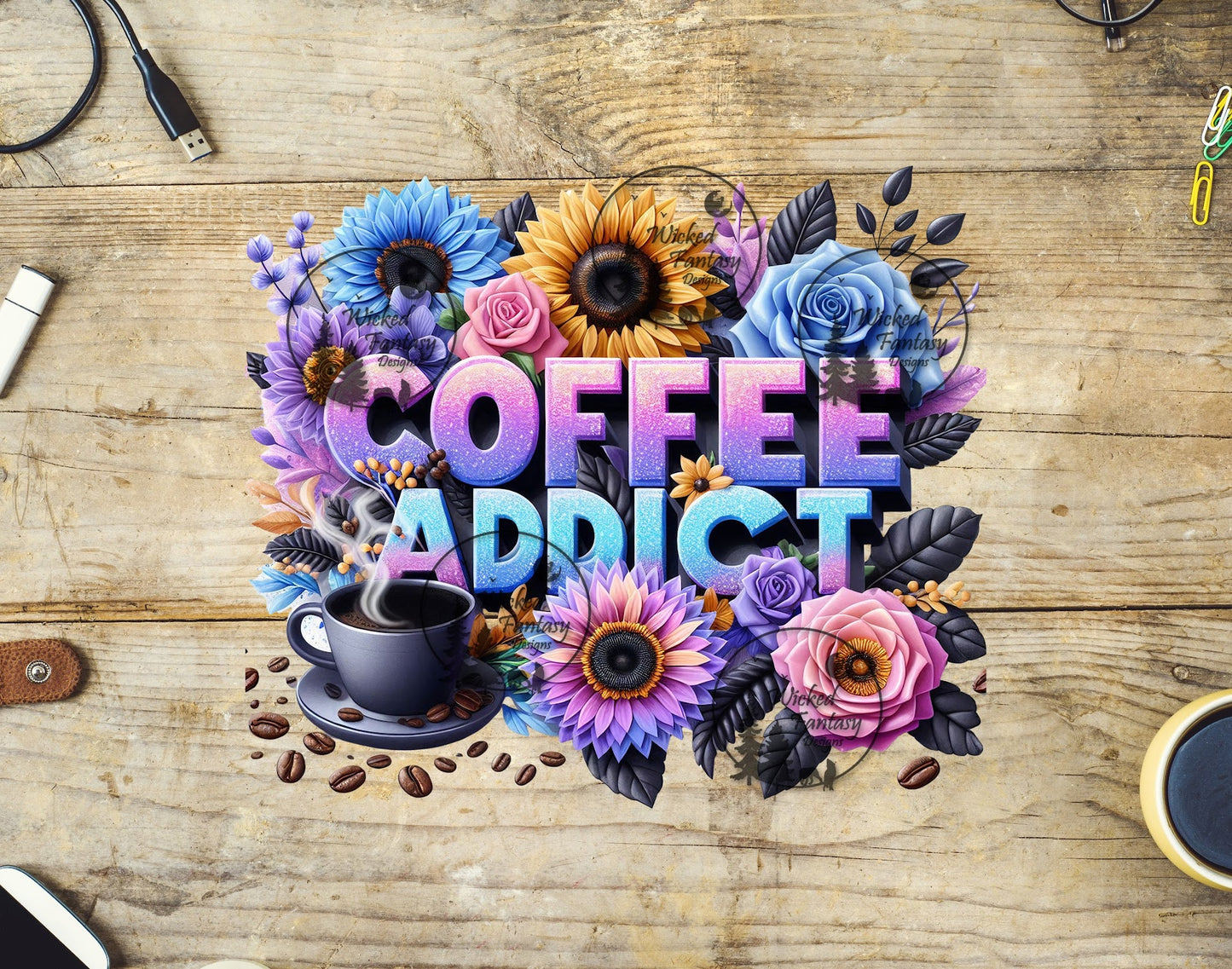 UVDTF Coffee Addict with Pastel Sunflowers