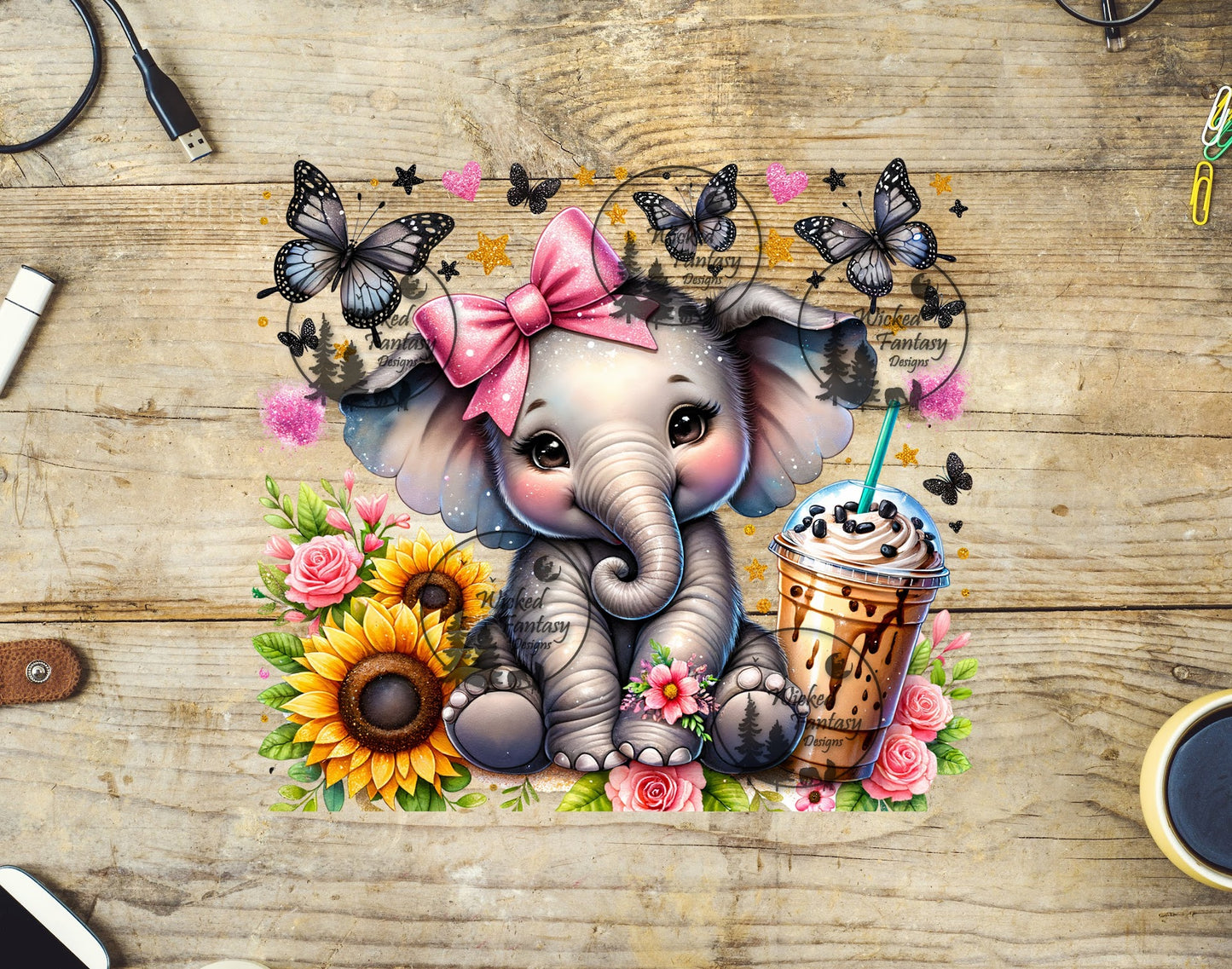 UVDTF Baby Elephant with Bow and Butterflies