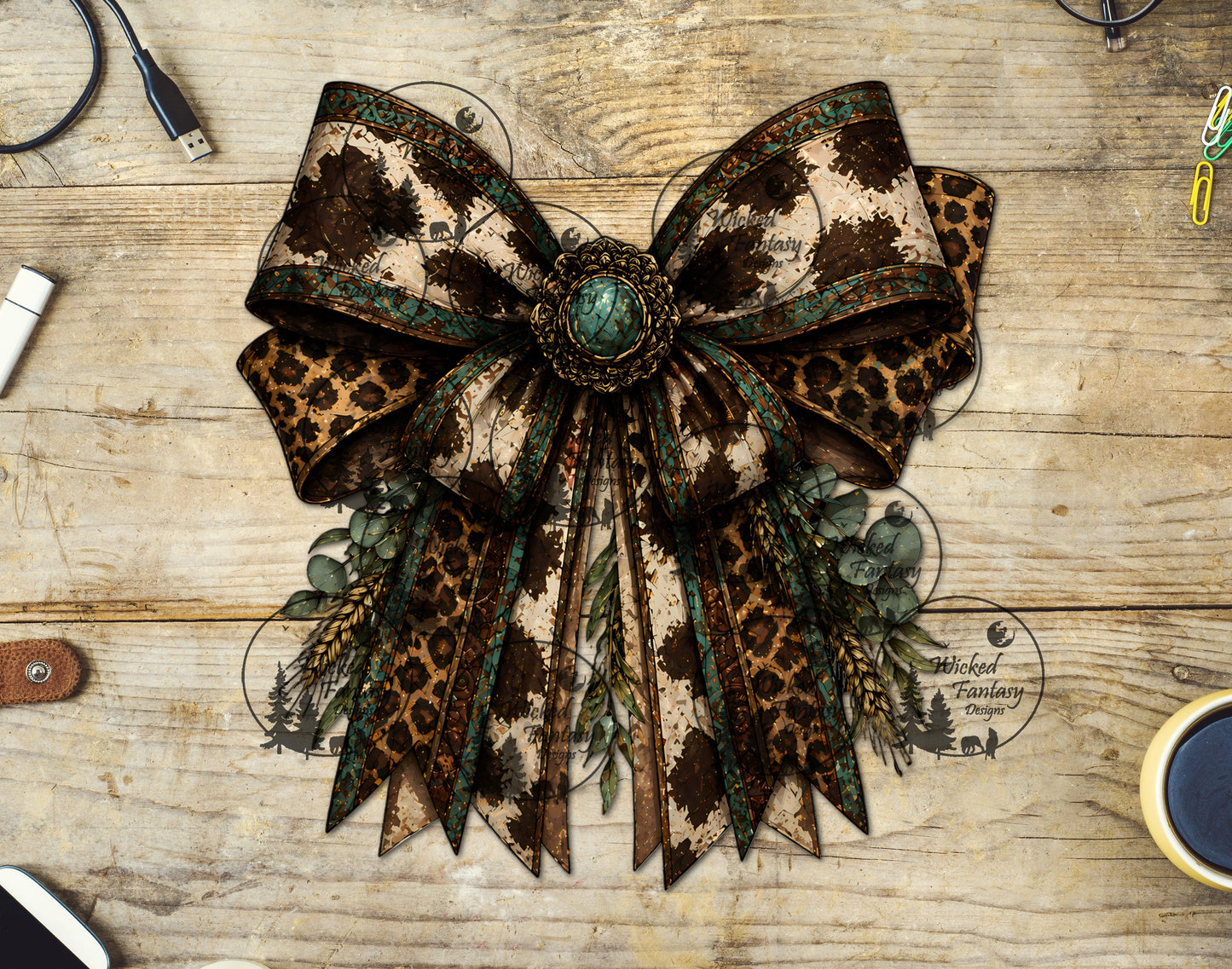 UVDTF Grunge Cow Print and Leopard Bow with Eucalyptus