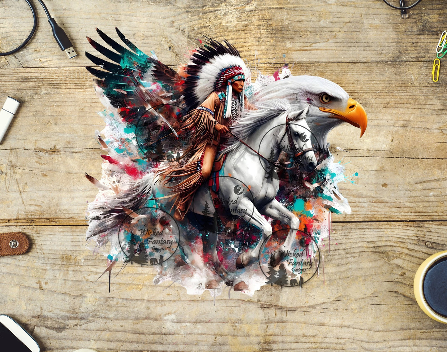 UVDTF Native American Riding White Horse with American Eagle