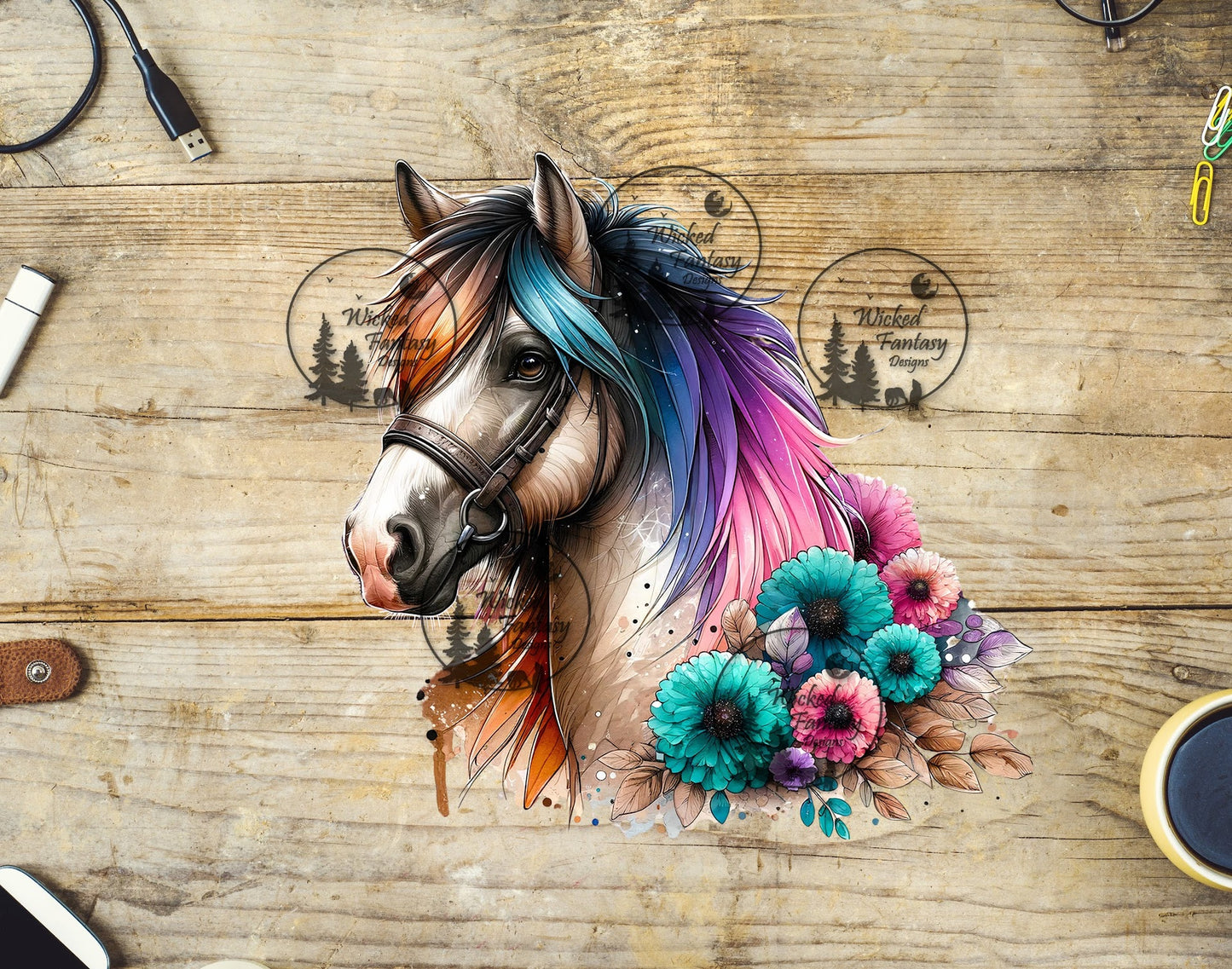 UVDTF Grey horse with Pink Purple and Blue Mane