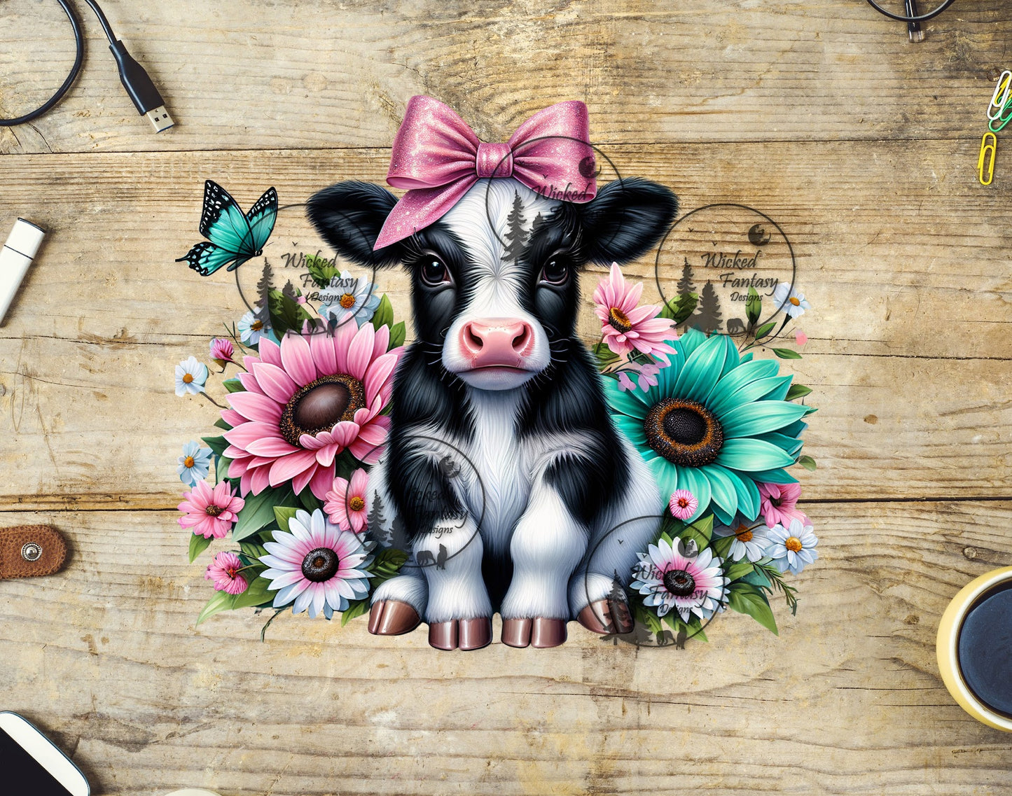 UVDTF Cute Holstein Calf with Bow and Flowers