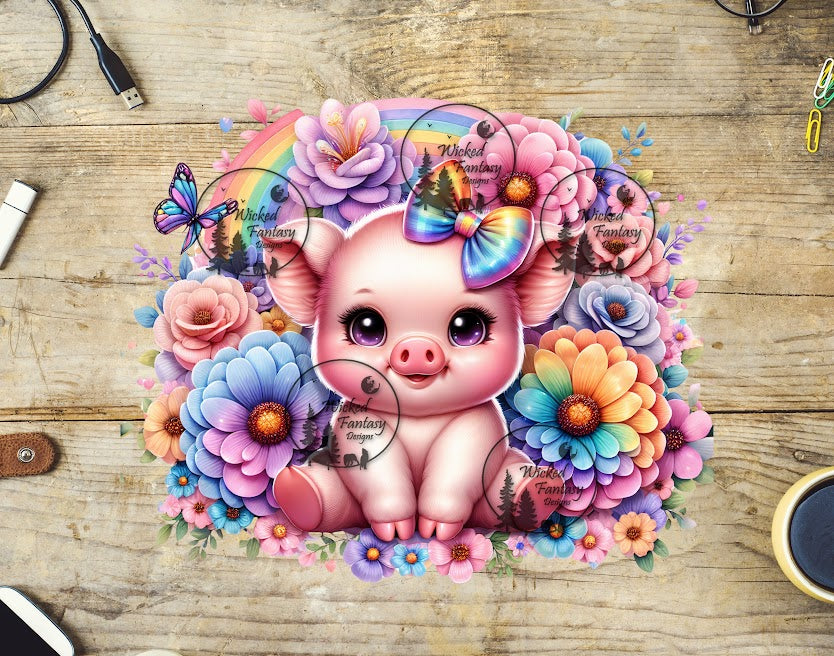 UVDTF Cute Baby Pig with Pastel Rainbow Flowers