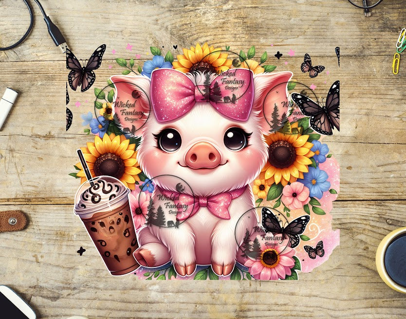 UVDTF Cute Baby Pig with Sunflowers and Butterflies