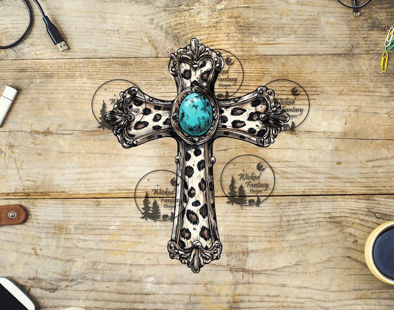 UVDTF Cross with Pale Leopard Print and Concho