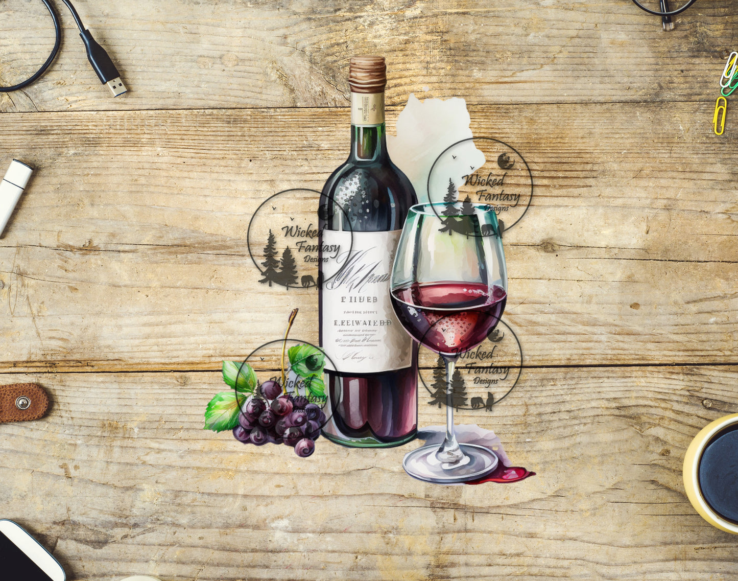 UVDTF Red Wine Bottle and Wine Glass with Grapes