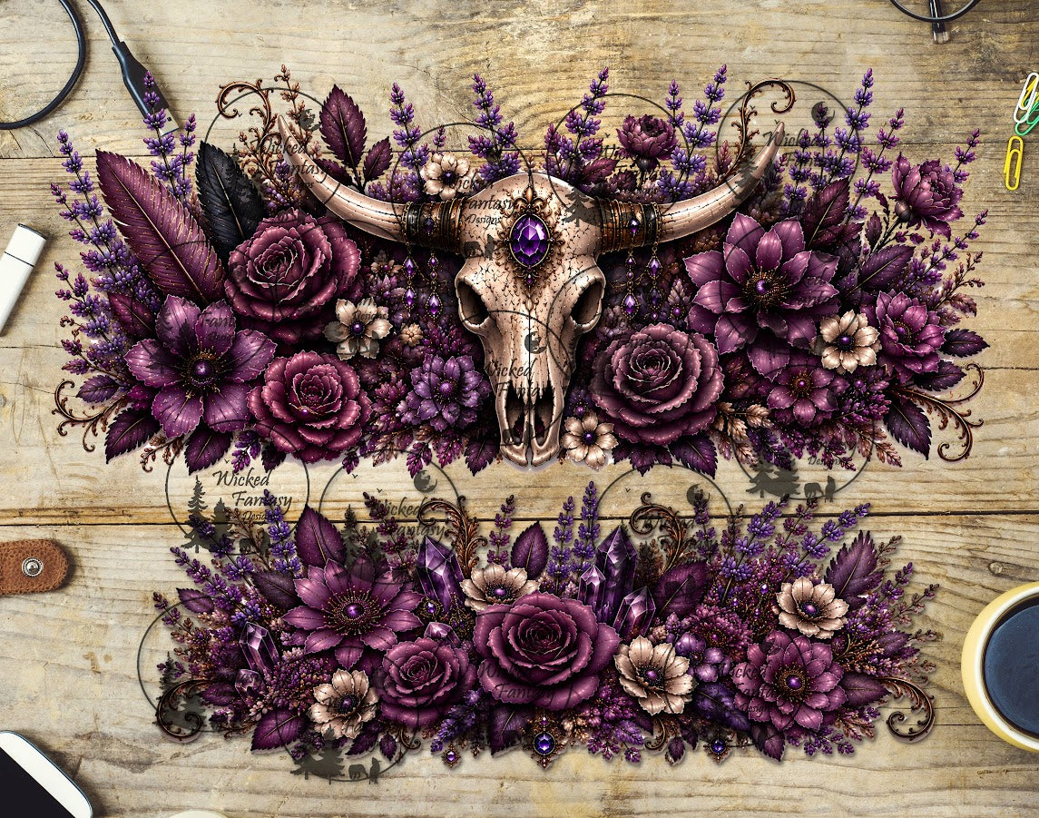 UVDTF Boho Plum Floral Cow Skull 16oz 40oz Tumbler Wrap