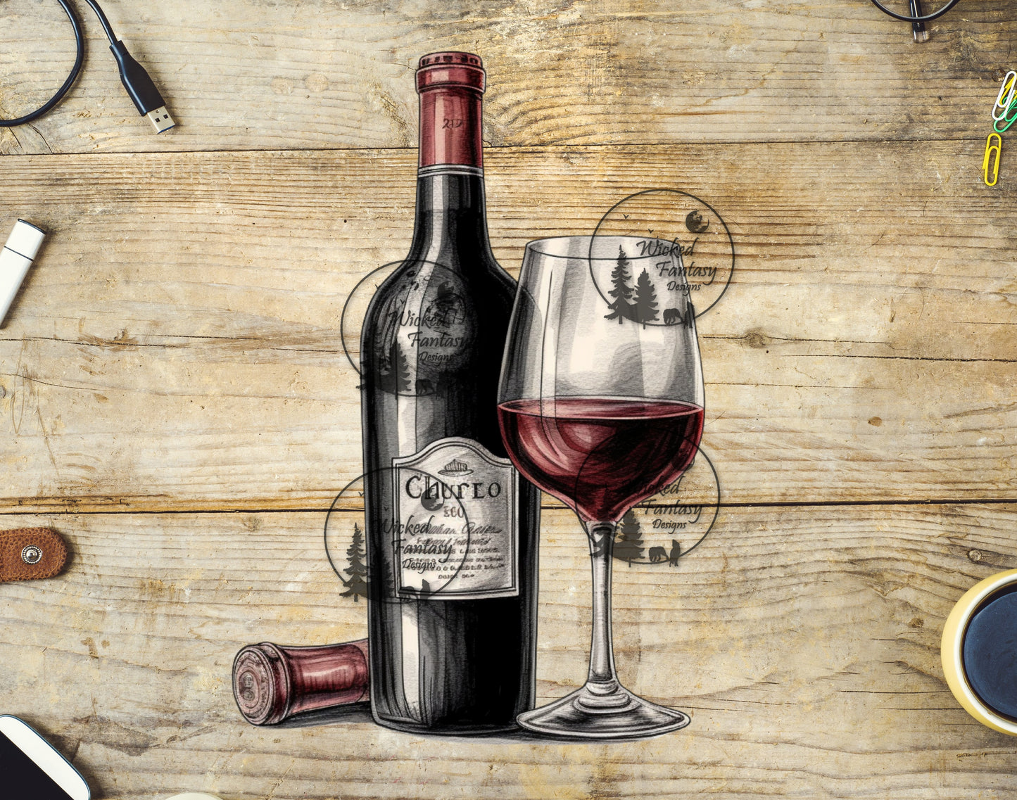 UVDTF Red Wine Bottle and Wine Glass