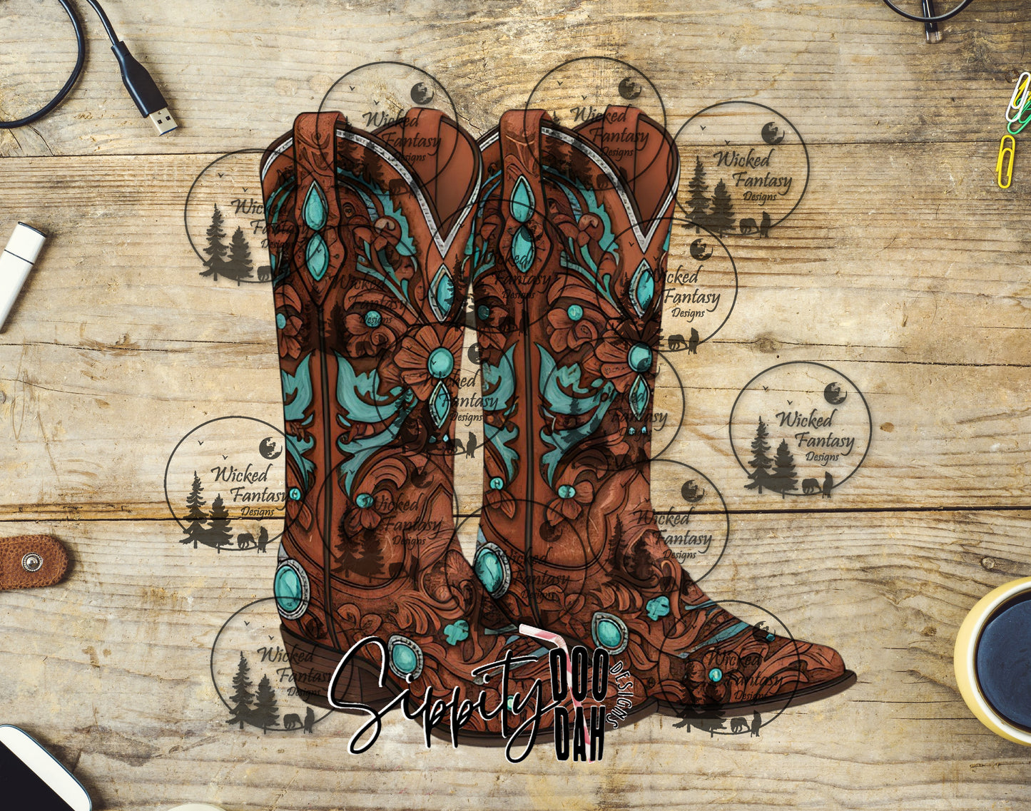 UVDTF Tooled and Turquoise Cowboy Boots