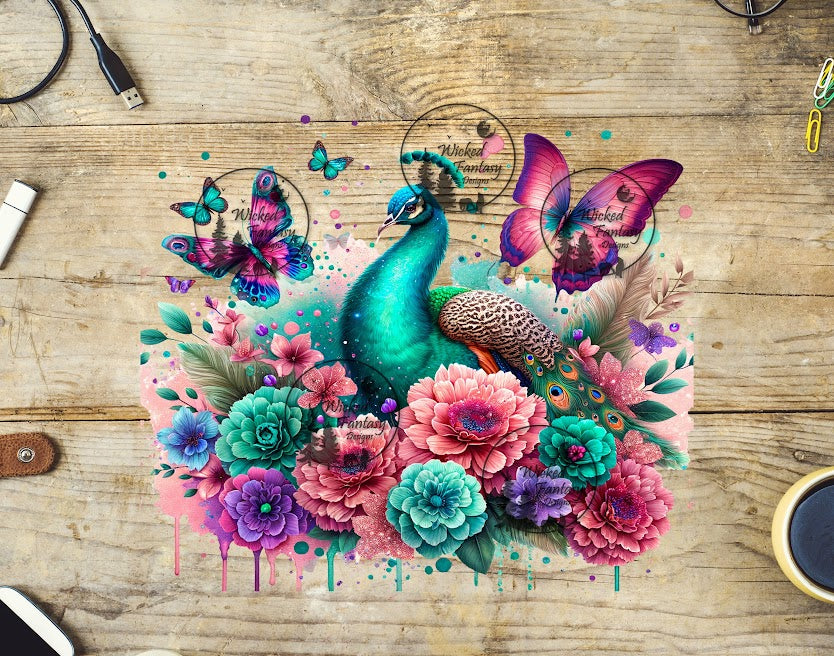UVDTF Peacock and Butterflies in the Flowers