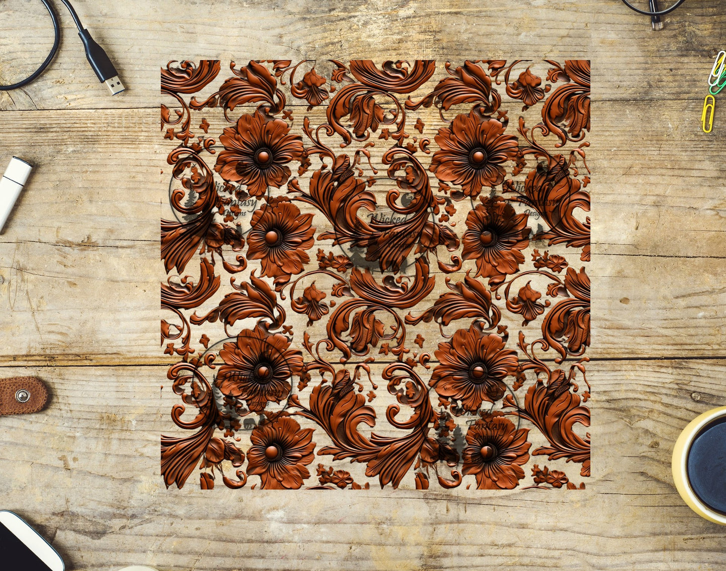 UVDTF Tooled Leather Floral Filagree 20oz 30oz 10"x10" Element