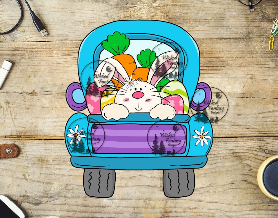 UVDTF Easter Bunny in back of truck