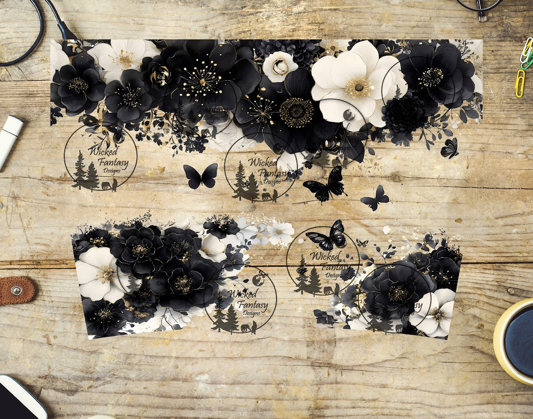 UVDTF Black and White Flowers and Butterflies 16oz 40oz Tumbler Wrap