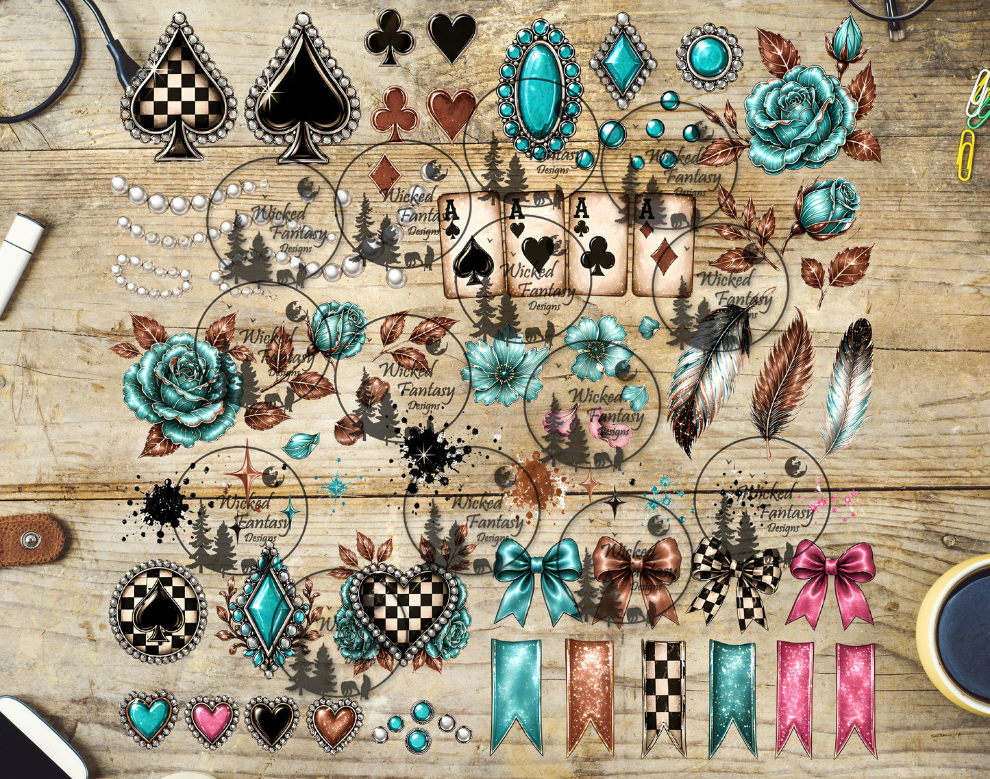 UVDTF Aqua Florals and Card Suits and 12x12" Element Sheet